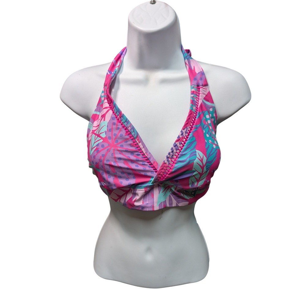 Sol Borne Womens Pink Tropical Leaf Twist Front Halter Bikini Top Medium RN48711